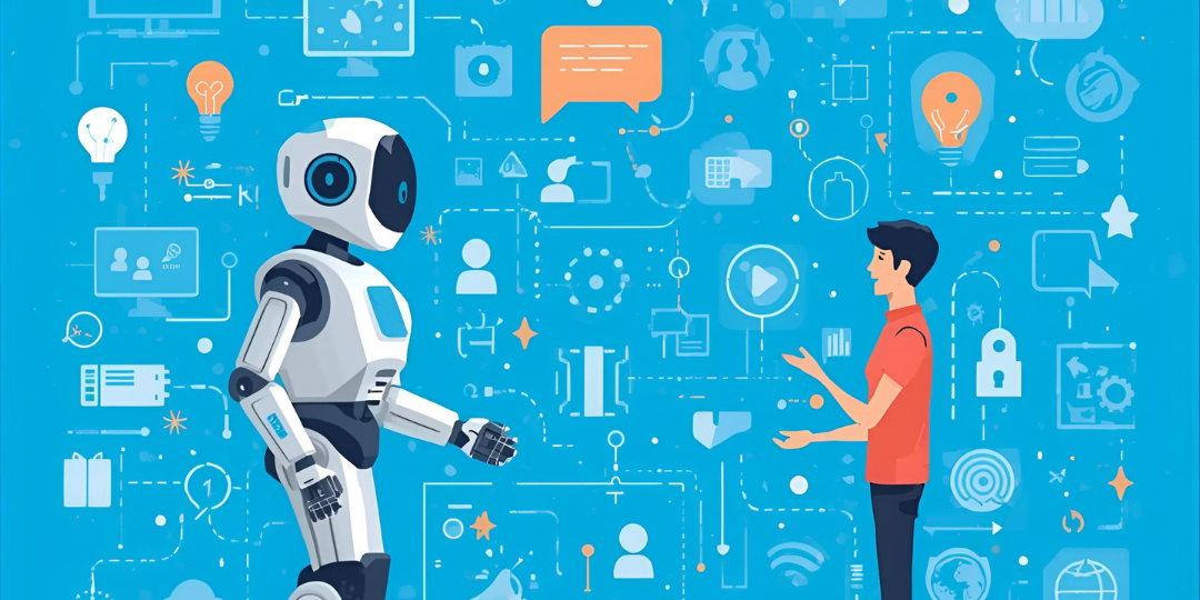 Encabezado: un robot conversando con un humano